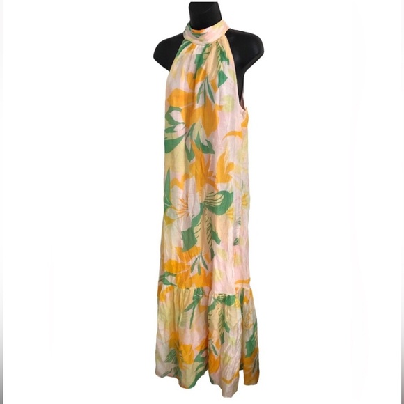 Cynthia Steffe‎ island green orange tropical print halter maxi dress size XL new - Picture 1 of 12